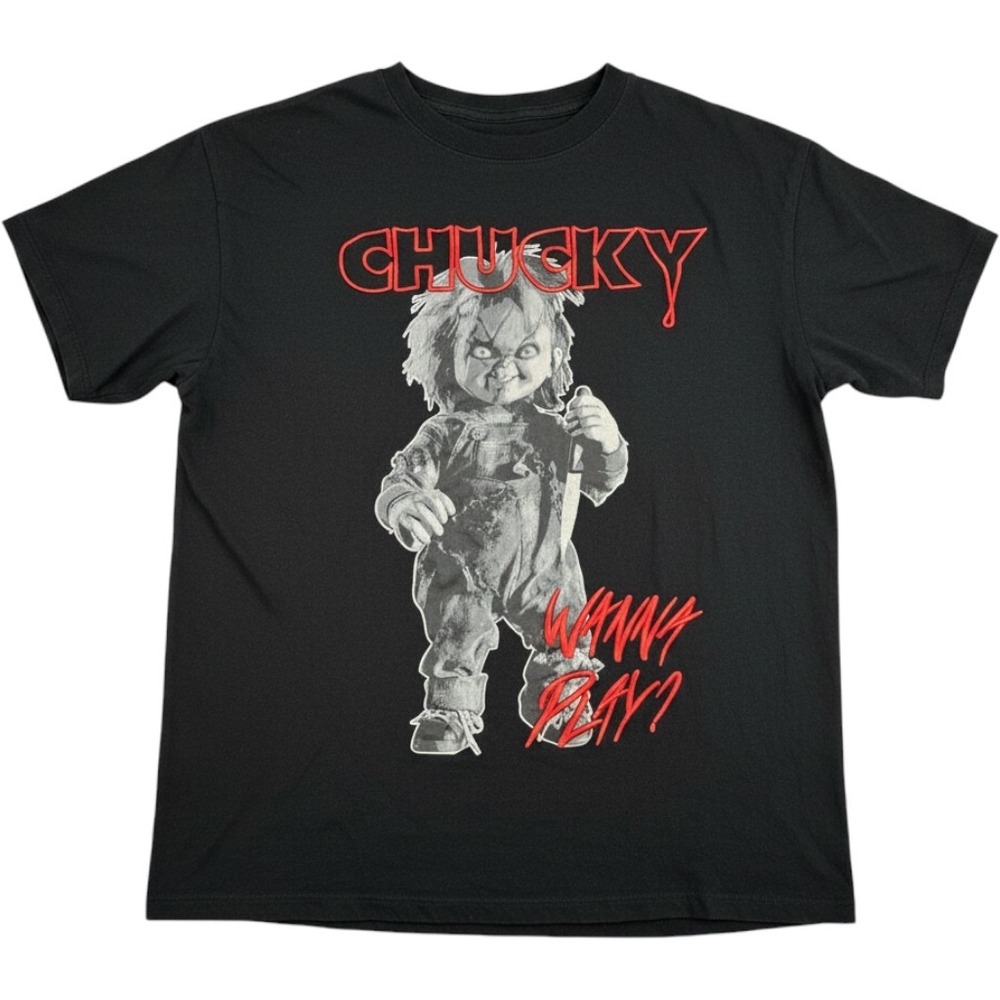 Chucky Graphic Tee M Black Cotton Horror Movie Wanna Play Embroidered Shirt